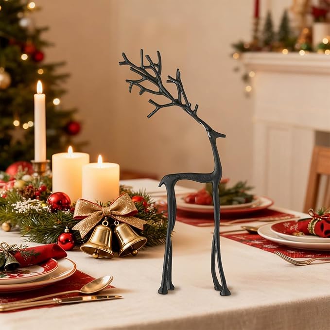 2026 New 2 Pcs Black Metal Reindeer, Black Metal Reindeer Christmas Decoration, European-Style Modern Aluminum Alloy Xmas Figurines, Indoor Holiday Statues for Mantel, Bedroom, Office Table (#B)