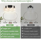 3 Light Bathroom Light Fixtures, Matte Black Modern Vanity Lights with Clear Glass Shade, Bathroom Wall Lamp for Mirror Kitchen Living Room Hallway Cabinet Porch