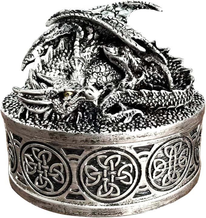 Dragon Statue Jewelry Box, Medieval Fantasy Myth Dragon With Cover Treasure Box, Dragon Statue Decoration Collection Gift Box. (Sliver)