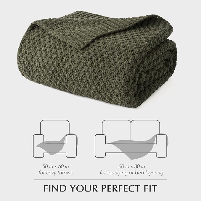 Chunky Chenille Knit Throw Blanket for Couch, Soft Luxurious Moss Stitch Blankets for Bed, Cozy Decorative Farmhouse Knitted Throws for Sofa, Olive Green, 50" x 60"