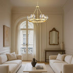 Gold Wagon Wheel Chandelier, 24 Inch Brass Chandeliers with Unique Glass Shade, 6-Light Crystal Farmhouse Wagon Wheel Chandeliers for Dining Room, Round Chandelier for Living Room, Foyer, Entryway