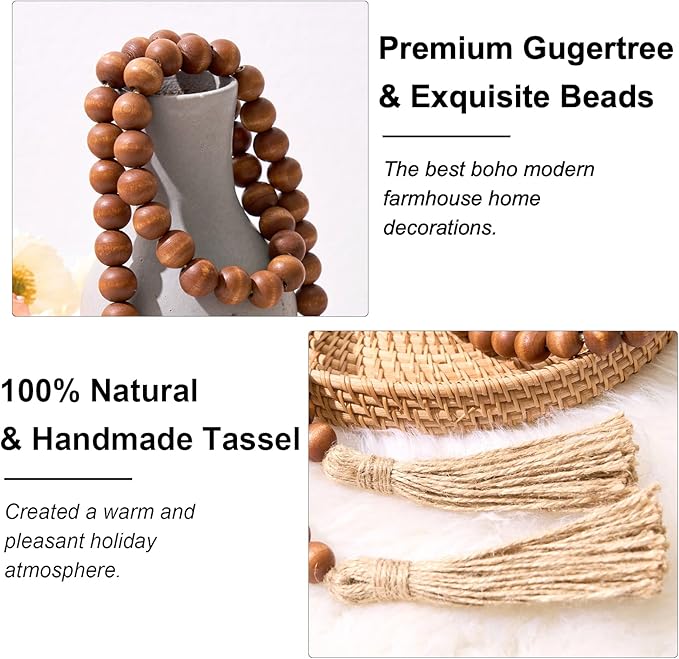 OMISHE 59in Wood Bead Garland with Tassels, Decorative Beads Decor, Farmhouse Wooden Beads Garland for Wall Hanging Home Festival Decor, Brown