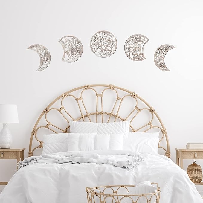 Jetec 5 Pcs Moon Phase Wall Art Decor Wall Pediments Hanging Wooden Moon Phase Spiritual Bedroom Nordic Boho Lunar Aesthetic Art for Living Room Dorm Apartment Bar Ornament(Vintage Color,10.6 Inch)