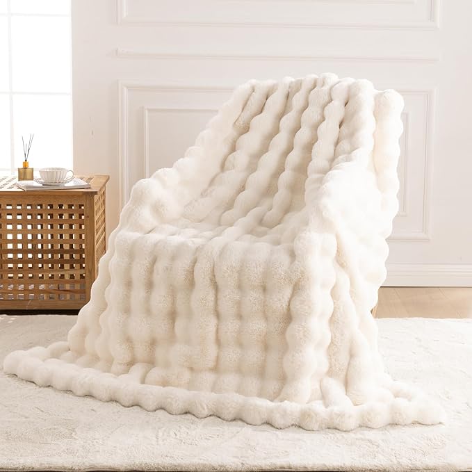 Cozy Faux Fur Throw Blanket for Bed-Warm Fuzzy Throw Blanket, Soft Plush Thick Bubble Blankets for Bedroom and Living Room, Furry Luxury Blanket, 60 x 80, Cream