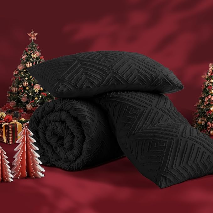 Andency Black Comforter King Set, 3 Pieces Boho Bedding Set & Collections, Farmhouse Tufted Fluffy Bedding Comforter Sets for King Bed (1 Comforter 104x90In, 2 Pillowcases)