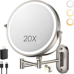 9" Wall Mounted Lighted Makeup Mirror,4000mAh Rechargeable Double Sided 1X/20X Magnifying Mirror with Light,Touch Dimmable,Extended Arm 360 Rotation Wall Mounted Makeup Mirror 3 Color Lights-N
