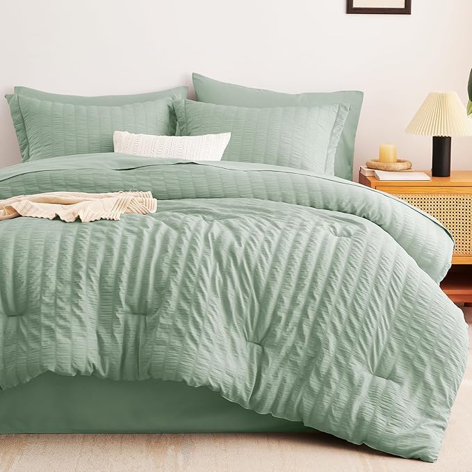CozyLux Queen Comforter Set Sage Green Seersucker 7 Pieces Bed in a Bag Queen Comforter Set with Sheets Luxury Soft Bedding Set with Down Alternative Comforter, Sheets, Pillowcases & Shams All Season
