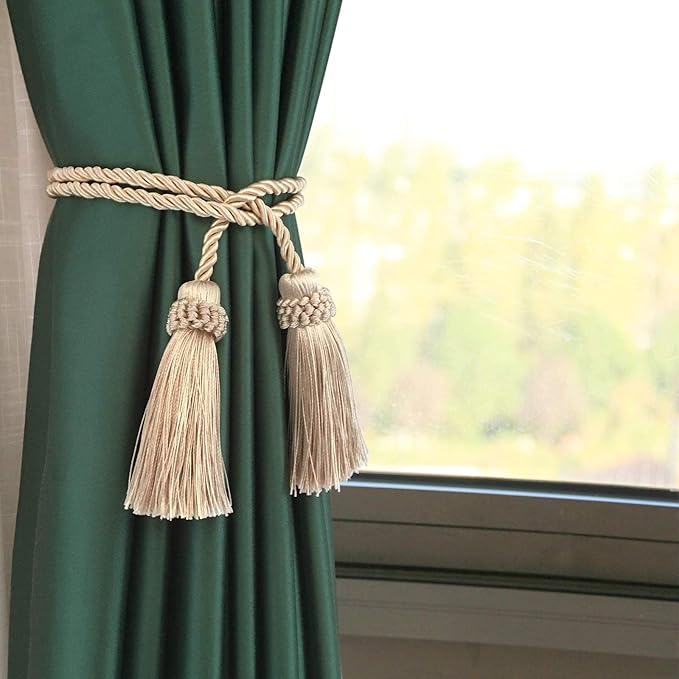 Fenghuangwu Curtain Tiebacks Handmade Decorative Curtain Holdbacks Rope with Tassel (Beige, 4 Pack)