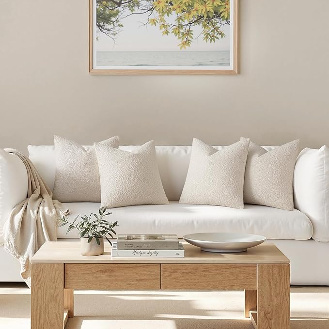 MIULEE Pack of 4 Decorative Textured Boucle Throw Pillow Covers 18x18 Inch Beige Accent Solid Pillow Cases Soft Couch Cushion Covers for Modern Farmhouse Boho Chair Sofa Bed Livingroom Home Decor