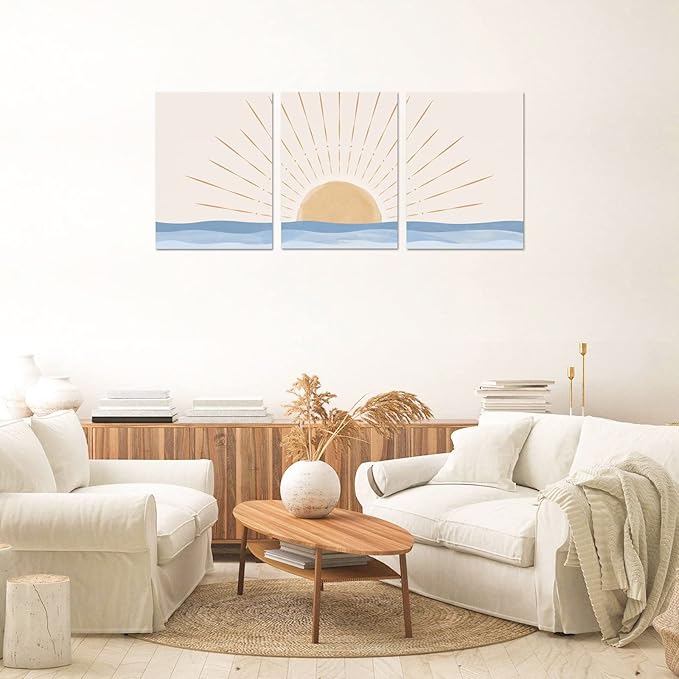 Boho Wall Art Set of 3, Neutral Geometric Sun Rising on the Sea Minimalist Art Framed Canvas Prints Artwork, Mid Century Modern Boho Sun Wall Art Decor for Bathroom, Bedroom, Living Room, Office