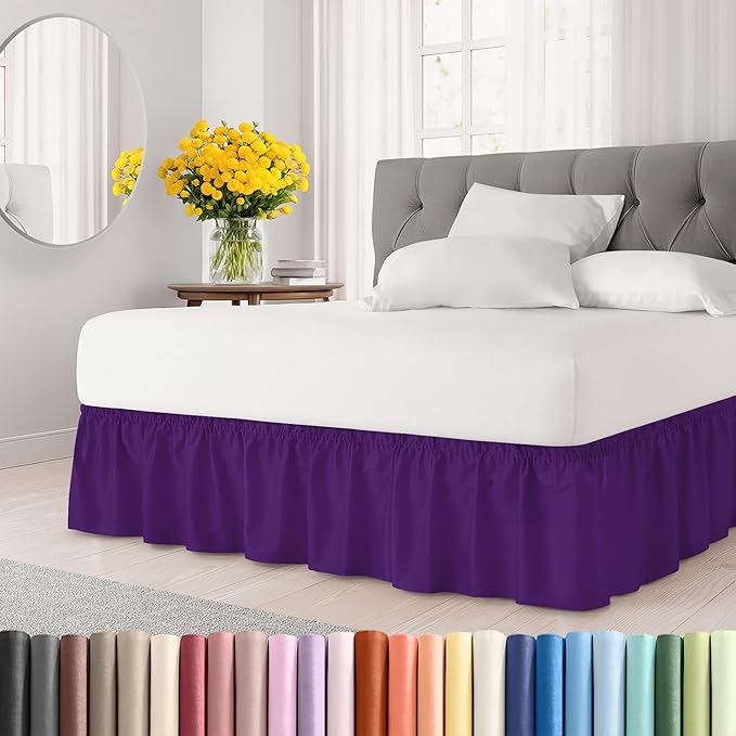 Wrap Around Dust Ruffle Bed Skirt - Purple - for King Size Beds with 21 Inch Drop - Easy Fit Elastic Strap - Adjustable Pleated Bedskirt w/Brushed Fabric - Wrinkle Free - for Women, Men, Kids & Teens
