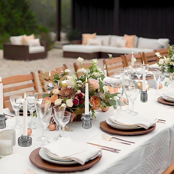 Double Sided Vintage Ribbed Taper Glass Candle Holders,Tea Candle Holder for Table Centerpieces, Wedding Decorations and Dinner Parties (Gray, 3 PCS)