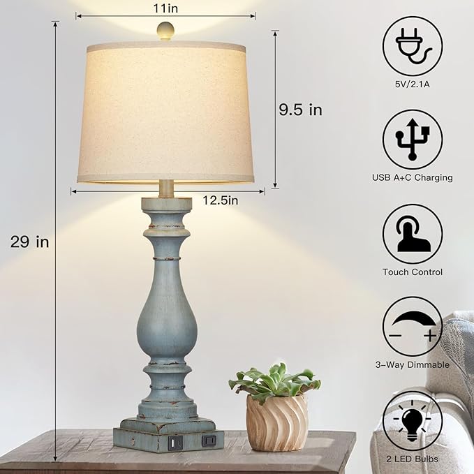 29" Tall Table Lamp for Living Room Set of 2,Coastal Bedside Nightstand Lamps with USB C+A Ports & AC Outlet,3-Way Dimmable Touch Control Retro Blue Desk Lamp for Bedroom,Color 3