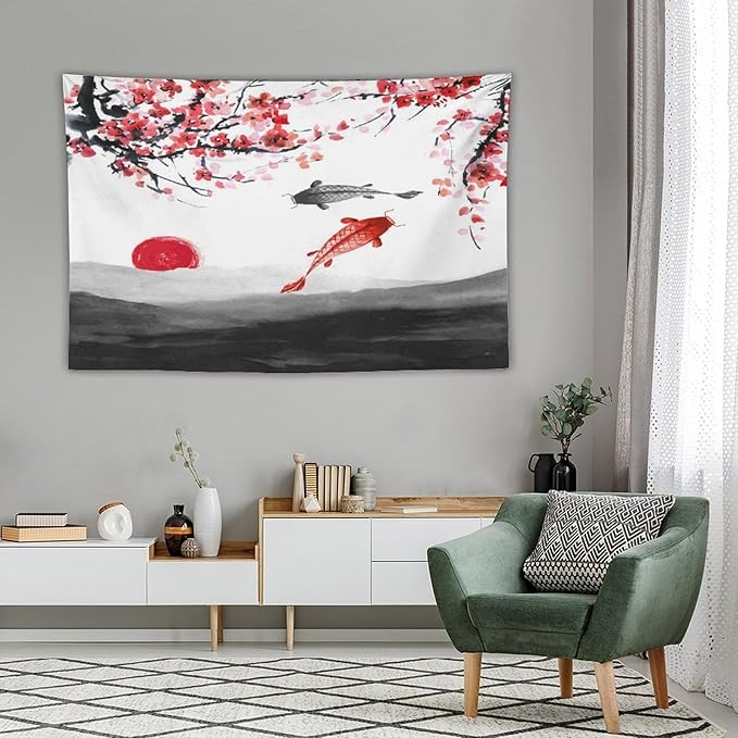 Houselerax Japanese Koi Fish Tapestries, Cherry Blossoms Asian Oriental Flower Branch Koi Fish Carp Tapestry Wall Hanging for Bedroom Living Room Office Decor 60"x40"