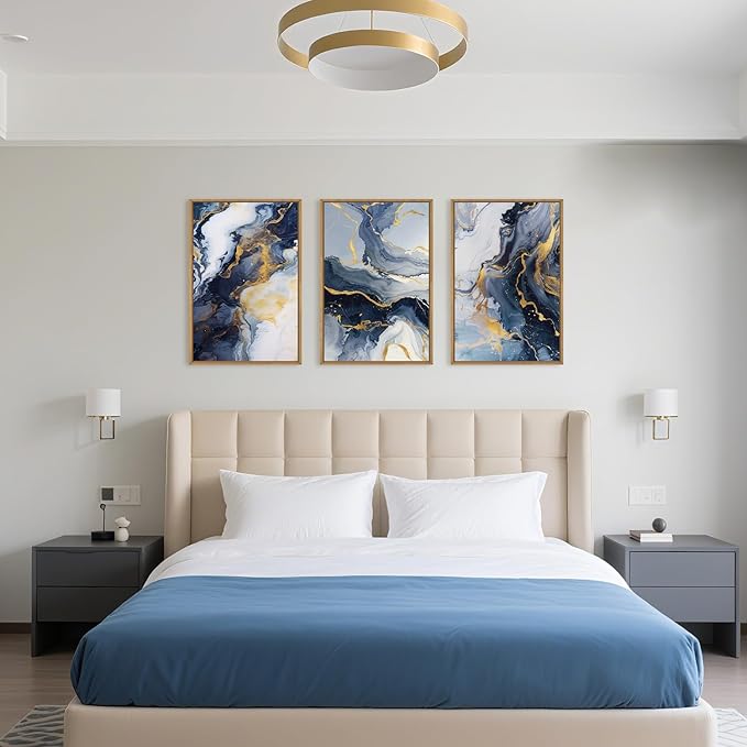 Celestdeco Blue Abstract Framed Canvas Wall Art Set, Blue Golden Aesthetic Wall Decor, Navy Blue Gold Wall Painting, Neutral Modern Art Print for Living Room, Bedroom, Dining Room, Office 24"x36"x3