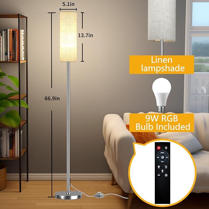 Smart LED Floor Lamp with APP Control & RGB Colors - Dimmable Standing Lamp for Living Room, Bedroom, Gaming - Remote, Timer, 9W Bulb Included, 67" Modern Tall Lamp (Silver Beige)
