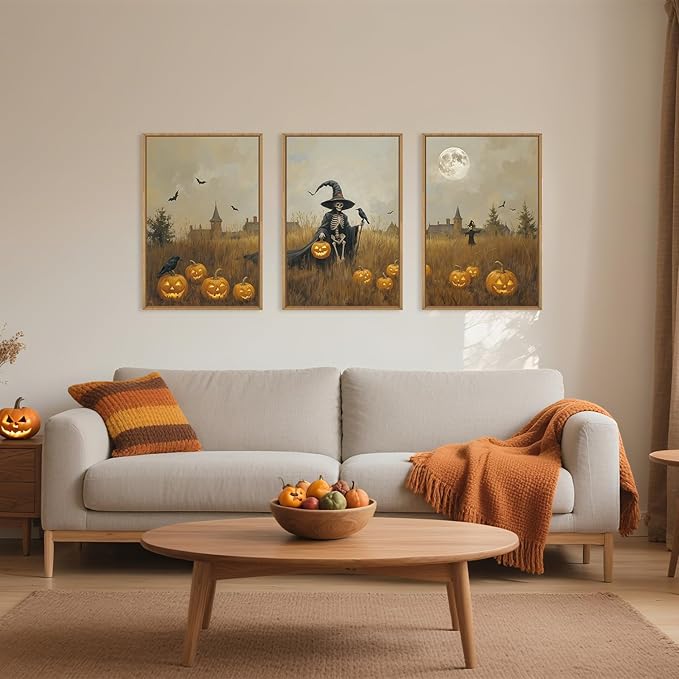 Celestdeco Halloween Ghost Reaper Framed Wall Art Set, Scary Witchy and Pumpkin Wall Decor, Horror Night Wall Painting, Full Moon Bats Art Prints for Living Room,Bedroom,Halloween Themed Party Decoration-24"×36"×3