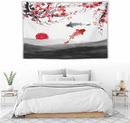Houselerax Japanese Koi Fish Tapestries, Cherry Blossoms Asian Oriental Flower Branch Koi Fish Carp Tapestry Wall Hanging for Bedroom Living Room Office Decor 60"x40"