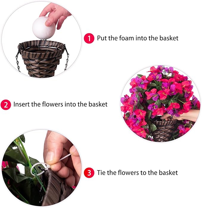 Artificial Bougainvillea Faux Flowers Plants Baskets for Outdoor Outside Decoration, 3PCS Fake Silk Flowers Long Trailing Vines UV Resistant Realistic for Front Door Porch Patio Balcony, PurpleHotpink