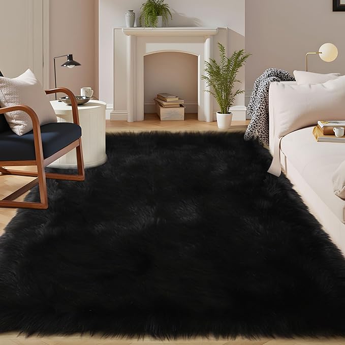 Latepis Black Shag Rugs 8x10, Faux Fur Sheepskin Rug for Living Room, Fluffy Washable Rug for Bedroom, Dorm, Luxury Room Decor, Rectangle
