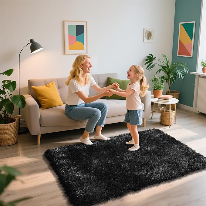 Shag Area Rug for Bedroom 3x5,Black Fluffy Area Rugs for Living Room,Soft Fuzzy Rug Non-Shedding Indoor Plush Carpet for Kids Bedroom Nursery Dorm Home Decor