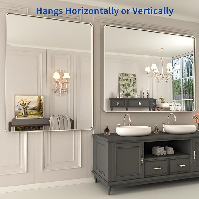WEER 48X36 Inch Brushed Nickel Bathroom Mirror, Brushed Silver Metal Frame Mirror, Rounded Rectangle Silver Bathroom Vanity Mirror, Tempered Glass, Anti-Rust, Hangs Horizontally or Vertically