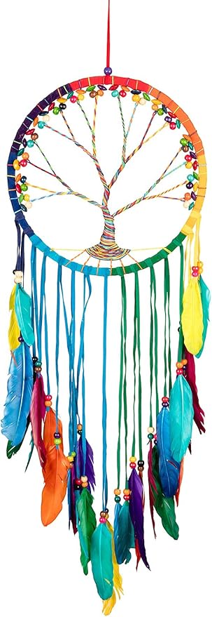 OMA Chakra Rainbow Dream Catcher, Tree of Life Design with Feathers and Beads, Rainbow Suede Authentic Traditional Dream Catcher Boho Home Decor - Large Size - 36" Long x 11" Diameter (Rainbow)