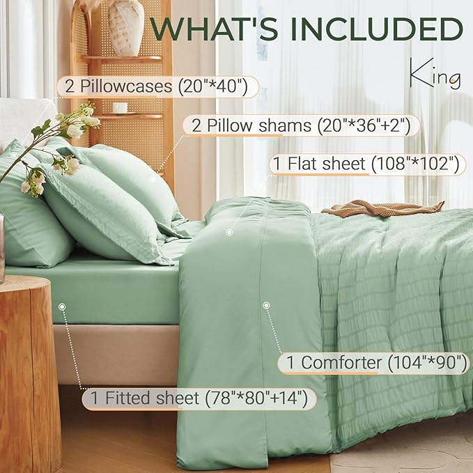 MUXHOMO 7 Pieces King Comforter Set, Seersucker Bed in a Bag King Size, All Season Luxury Bedding Set with Comforter, Flat Sheet, Fitted Sheet, Pillowcases & Shams, Sage Green
