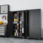 61" H Metal Storage Cabinet, Utility Cabinets with Locking Doors, Laundry Cabinet with Hanging Rod, Garage Tool Storage Cabinets for Home Office, Garage, Bathroom (Black)