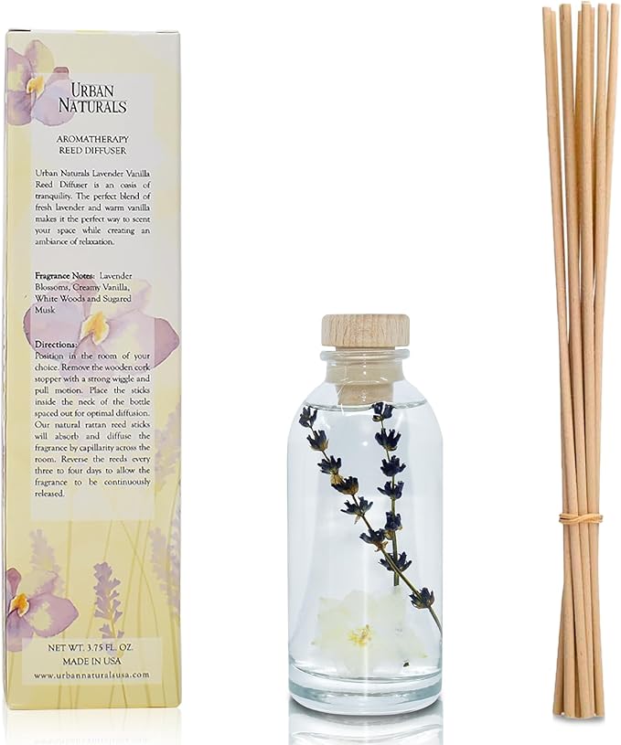 Urban Naturals Lavender Vanilla Reed Diffuser Set | Room Scent Infuser with Real Lavender & Natural Flowers | Soothing Scent Makes a Great Housewarming Gift | Great Idea