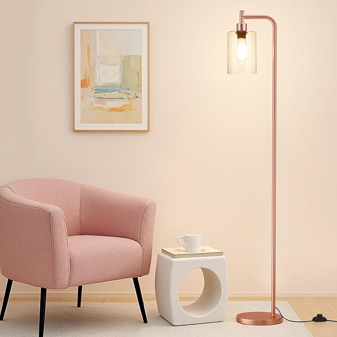 Floor Lamp with Clear Glass Shade - Industrial Standing Lamp with LED Bulb, Modern Tall Floor Lamps for Living Room Bedroom Office - Pink