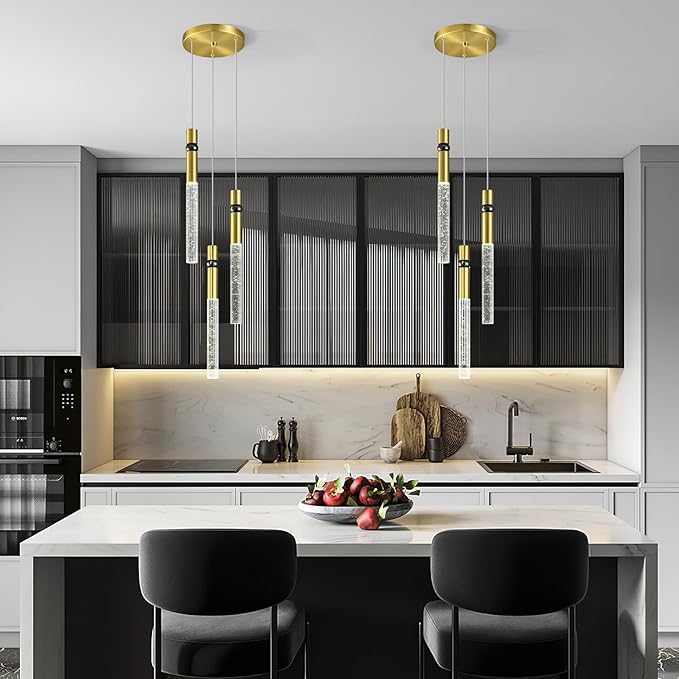 Pendant Lights Kitchen Island Light Fixtures Dimmable LED Modern Pendant Light with Bubble Crystal Pendant Lighting for Kitchen Bedroom Hallway Entryway (Gold 3-Light)