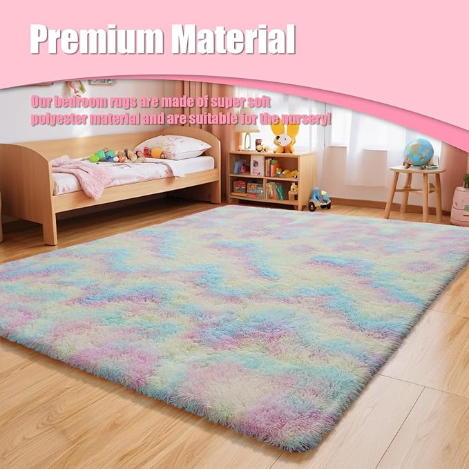 Shag Area Rug for Bedroom 4x6,Fluffy Area Rugs for Living Room,Soft Fuzzy Rug Non-Shedding Indoor Plush Carpet for Kids Bedroom Nursery Dorm Home Decor,Rainbow