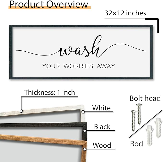 SRSZHIYUE Wash Your Worries Away Bathroom Sign Wall Art 32"×12" Funny Restroom Toilet Large Wood Framed Hanging Decor (Black)