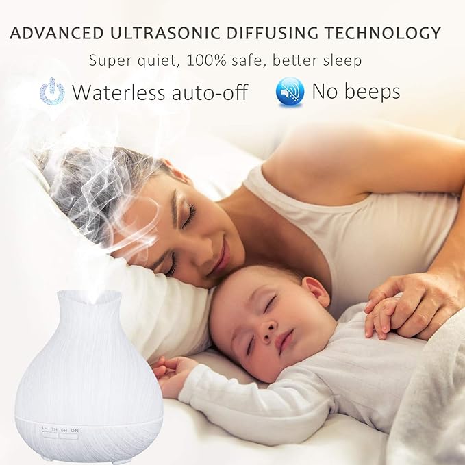 BZseed Aromatherapy Essential Oil Diffuser 550ml 12 Hours White Wood Grain Aroma Diffuser with Timer for Large Room, Home, Baby Bedroom, Waterless Auto Shut-Off, 7 Colors Lights Changing