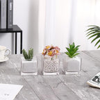 Square Flower Vases Set of 4, 3"x 3"x 3" Glass Vases for Centerpieces, Clear Vase for Flowers, Small Vase for Wedding, Party, Home Office Decoration