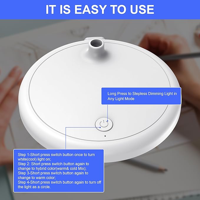 LED Desk Lamp for Home Office,3 Light Colors,Flexible Gooseneck Table Lamp,Dimmable Reading Light for Bedside Small Desk Lamp for College Dorm Room,Bedroom Desk Light,White