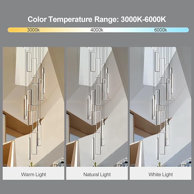 Modern Adjustable Height Pendant Light Fixture Black 288W LED Pendant Lights 16 Rings Rectangular Chandelier Staircase Large Chandelier Lobby Living Room Foyer High Ceiling Chandeliers