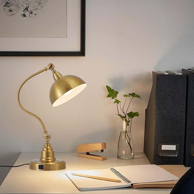 Vintage Brass Gold Desk Lamp Decorative Table Lamp for Home Office Living Room Bedroom Desk Light, Rustic Industrial Farmhouse Antique Library Study Desk Lamp E26 LED Bulb Included