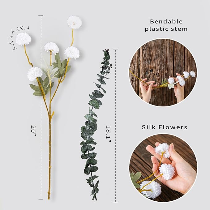 6 Artificial Silk Flowers + 3 Eucalyptus, Artificial Chrysanthemums with Stems for Home Decor, Ivory