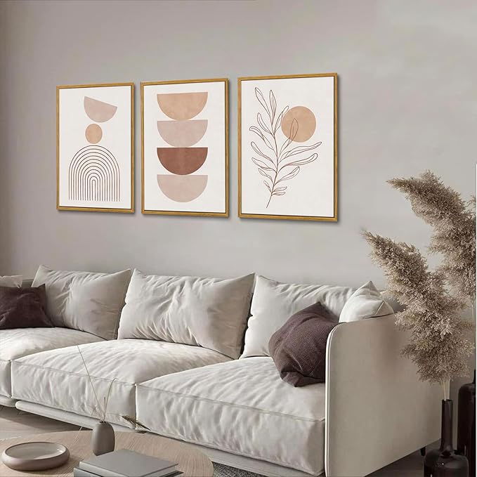 Bwodke Framed Boho Canvas Wall Art Large Mid Century Modern Prints Set of 3 Neutral Geometric Line Leaf Paintings Decor Minimalist Abstract Pictures Bedroom Living Room Bathroom