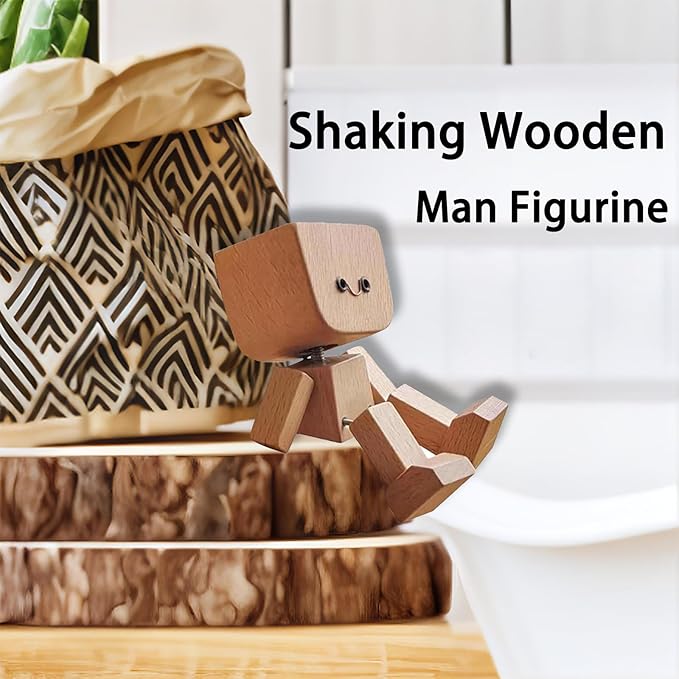 Shaking Wooden Man Figurine, Shaking feet Wooden Doll, Shake Your Feet Happily Wood Toy, Handmade Car Dashboard Decorations, with 12PCS Magnetic Expressions