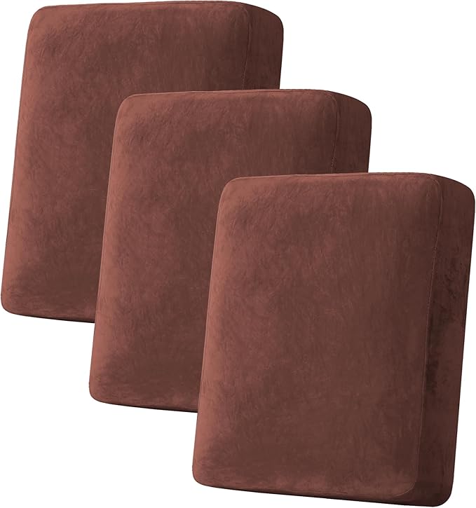 H.VERSAILTEX Velvet Stretch Couch Cushion Cover Plush Cushion Slipcover for Chair Loveseat Sofa Cushion Furniture Protector Seat Cushion Sofa Cover (3 Piece Sofa Cushion Covers, Burnt Brick)