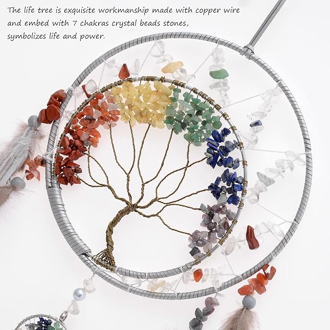 7 Chakras Tree of Life Dream Catcher Wall Decor with Rainbow Healing Crystal Stone Handmade Gray Feather DreamCatchers Wall Hanging Ornaments for Bedroom Home Decor Blessing Gift Wedding Party-23.6"