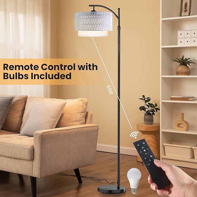 Arc Floor Lamp for Living Room,Farmhouse Floor Lamps with Remote Control & Dimmable Bulb,White Rattan Boho Tall Standing Lamp for Bedroom Office