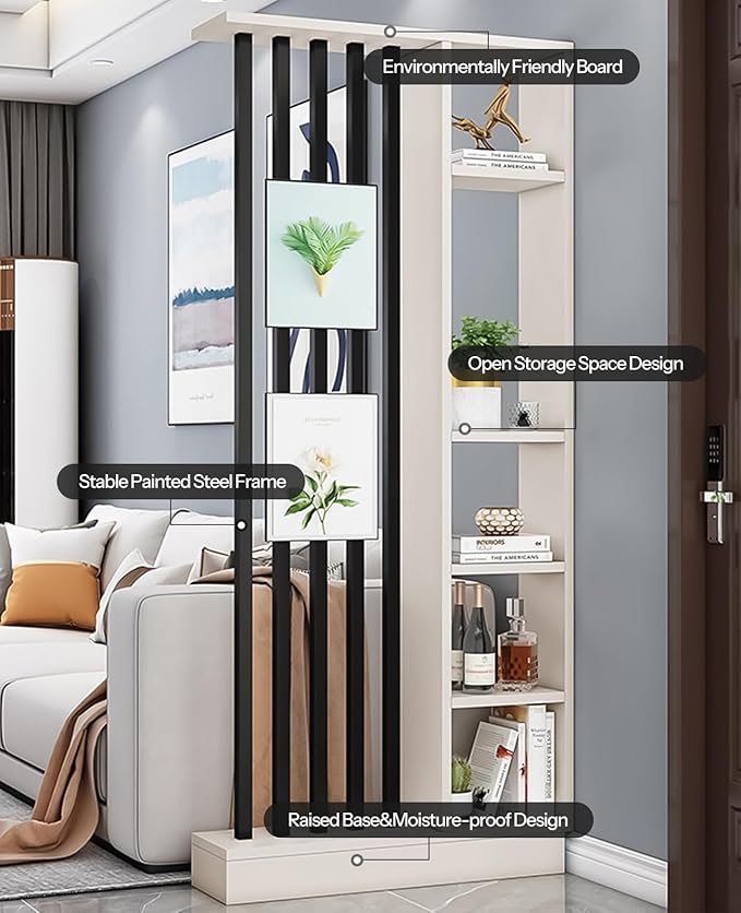 Wall Room Divider, Storage Cabinet Storage Display with Shelves, Modern Freestanding Wood Room Divider Screen, Wall Privacy Screens for Home Decorative (Beige+Black,35.4" L x 9.5" W x 79.5" H)