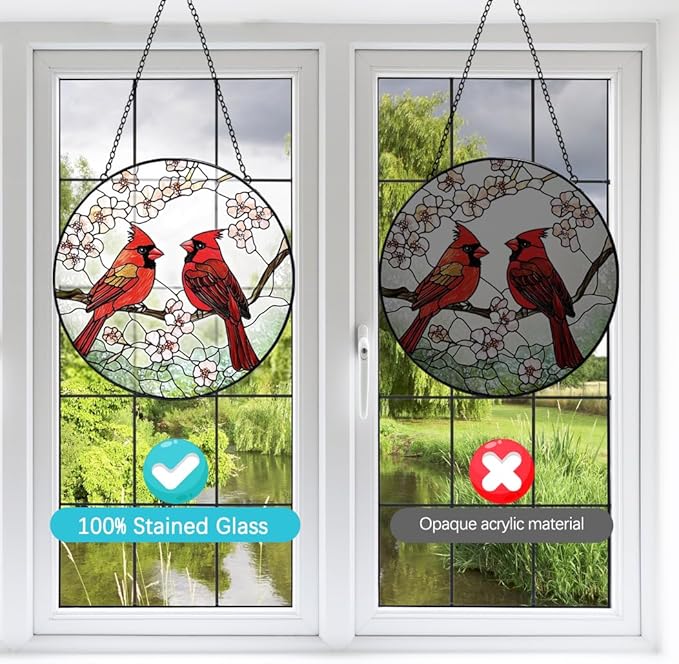 Cardinal Suncatcher Stained Glass Window Hanging - 8” Stained Glass Suncatchers for Windows - Sun Catchers Indoor Window Catcher with Hooks and Chain - Birthday Gifts for Mom Grandma