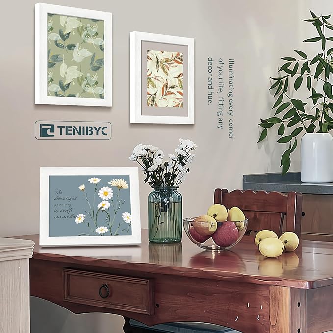 8x10 Picture Frame Set - 3 Pack, Textured White Solid Wood, HD Tempered Glass, Gallery Photo Frame, Table or Wall Display