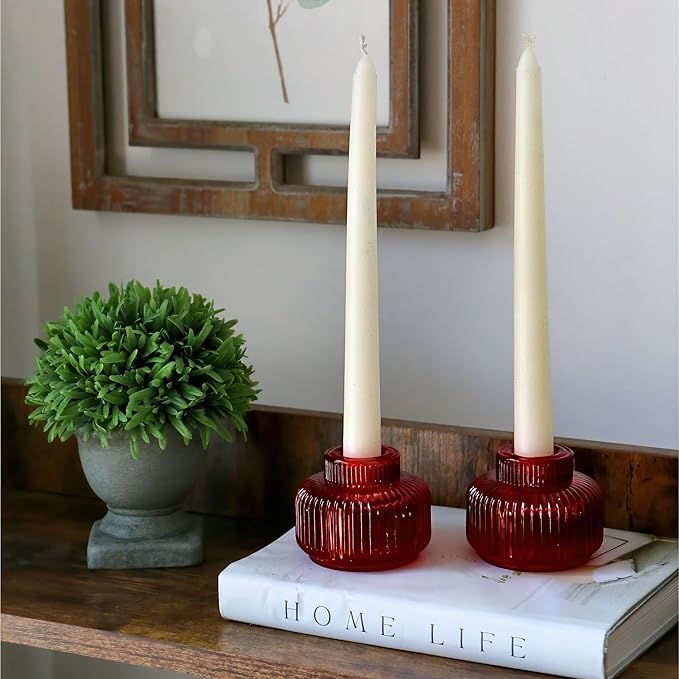 Kate Aspen Red Ribbed Taper Candle Holders for Candlesticks Set of 4, Candlestick Holders, Votive Candle Holder Decor, Red Kitchen Decor, Glass Candlestick Holder,Table Centerpieces, Holiday Accents