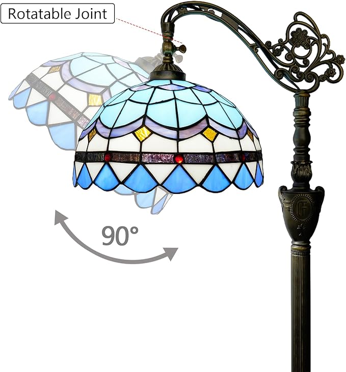 Tiffany Floor Lamp Vintage Standing Lamp Blue Mediterranean Style Stained Glass Floor Light Rustic Corner Gooseneck Floor Lamp with Adjustable Angle for Home Decor Living Room Bedroom 12X12X63 Inches